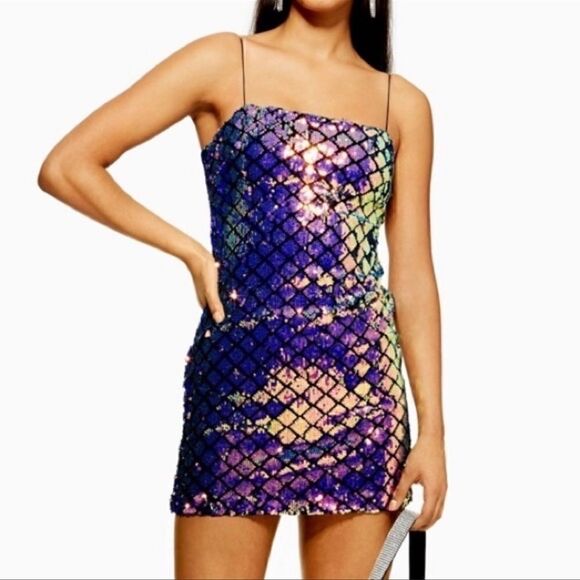 TOPSHOP Diamond Sequin Mini Party Slip Dress 6 - Picture 1 of 6